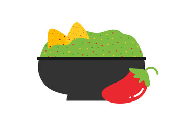 Mexican guacamole dip, sauce in bowl with nachos chips and red chili pepper vector cartoon style illustration, icon.
