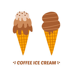 Two coffee ice cream cones. Vector cartoon style icons, illustration.
