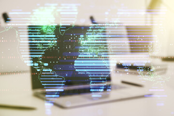 Multi exposure of abstract creative digital world map on laptop background, research and analytics concept