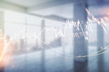 Double exposure of virtual creative financial diagram on empty room interior background, banking and accounting concept