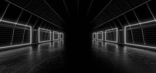 Dark hall with bright white neon lights on a black background. 3d rendering image.