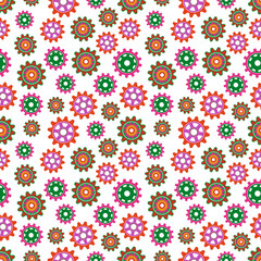 Colored gears seamless pattern. Vector drawing of factory gear wheels.