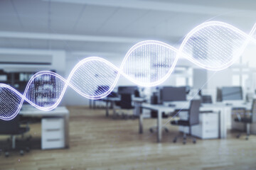 Double exposure of creative DNA hologram on modern corporate office background. Bio Engineering and DNA Research concept