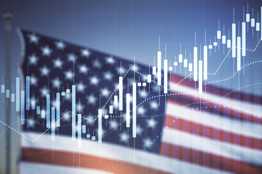 Double exposure of virtual creative financial diagram on US flag and blue sky background, banking and accounting concept