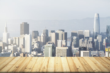Empty wooden table top made of dice with city view at sunset, mock up