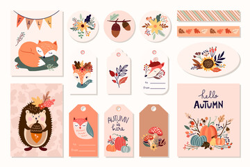 Autumn labels/badges/magnets/greeting cards with cute elements, hand drawn design