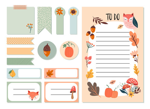 Autumn planner stickers set and To Do list with cute seasonal elements, template for notebook and stationery, hand drawn design