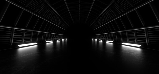 Dark hall with bright white neon lights on a black background. 3d rendering image.