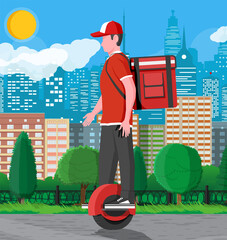 Delivery man riding monowheel with the box. Concept of fast delivery in the city. Male courier with parcel box on his back with goods and products. Cartoon flat vector illustration © absent84
