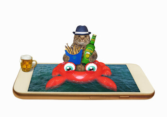 A beige big eyed cat drinks beer and eats smoked fish on an inflatable crab on the phone screen.