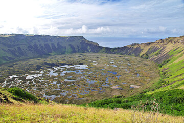 Crater of Rano Kau volcano in Rapa Nui, Easter Island, Chile