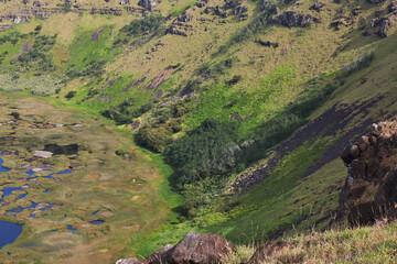 Crater of Rano Kau volcano in Rapa Nui, Easter Island, Chile