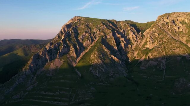 Beautiful aerial at sunset of cliffs in Rimetea, Romania. 