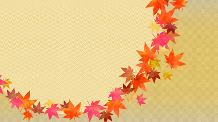 Obraz premium 市松模様。円の中は波の模様。金の背景。日本の伝統模様。紅葉。 Checkered pattern. The inside of the circle is a wave pattern. Gold background. Japanese traditional pattern. Autumn leaves.