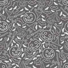 Halloween Pattern with pumpkins, bones, hats and bats. Seamless Halloween Pattern. Halloween holiday seamless pattern background.