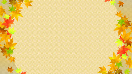 市松模様。円の中は波の模様。金の背景。日本の伝統模様。紅葉。
Checkered pattern. The inside of the circle is a wave pattern. Gold background. Japanese traditional pattern. Autumn leaves.