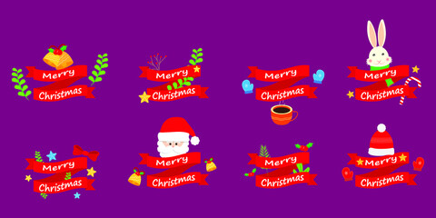 Vector illustration of Merry Christmas typography set, happy new year, logo, emblem, ribbon, santa claus, cap, gloves, jingle bells, stars, cute rabbit, christmas decoration, greeting, holiday poster,