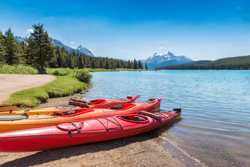 Canoe in Maligne Lake in Jasper National park, Alberta, Canada.