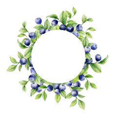 Watercolor illustration. Beautiful wreath of blueberries. For your design of postcards, invitations, prints.