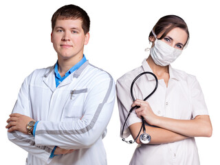 Doctors man and woman with folded arms.