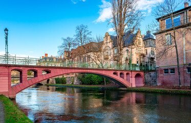 View of Passerelle du Faux Rempart, an arch and pedestrian bridge built in 1901. The bridge spans...