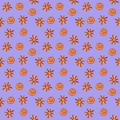 Seamless pattern with anise and orange on a lilac background. The design is made in watercolor. Can be used for cards, wrappers, and menus.