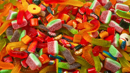 Assorted gummy candies. Top view. Jelly  sweets background.