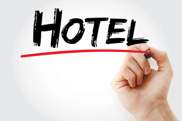 Hotel text with marker, business concept background