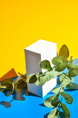 White box. Drugs box mock-up. Mockup. Copy space. Yellow and blue creative minimalism isometric...