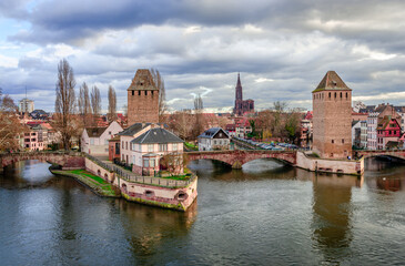 The Ponts Couverts, a set of 3 bridges and 4 towers that make up a defensive work erected in the 13th century on the River Ill in Strasbourg, France. Petite France is in the background.