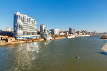 The waterfront city district with big residential and office buildings on the bank. Don river, Rostov-on-Don, Russia