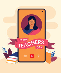 Happy Teacher's day text in ribbon, Indian women teacher teaching online with books vector background