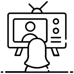 Naklejka premium Small girl in front of television, icon of watch tv in flat vector 