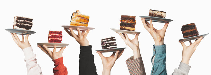 Plates with seven different sweet desserts, hands holding plates on top. Tasting, dessert...