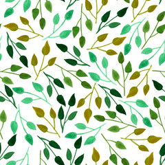 Simple watercolor seamless natural pattern with repeat leaves on white background