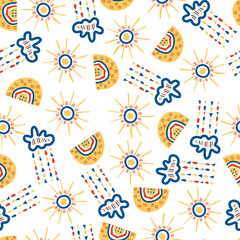 Fototapeta premium Weather seamless pattern for wallpaper, wrapping paper, scrapbooking. Childish vector background. Simple endless illustration with cloud, sun, rainbow