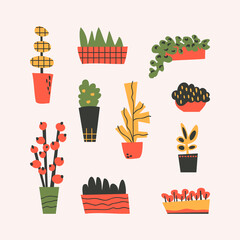 Set of hand drawn houseplants in vintage style. Vector flat cartoon illustration with collection of potted plants