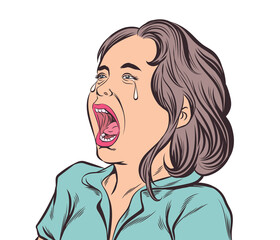 The crying girl with wide mouth open. Pop art vector illustration on a white background.