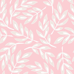 Vector seamless pattern with simple repeat leaves on pink background