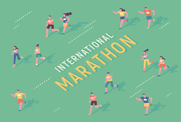 Isometric view of people doing marathon. flat design style minimal vector illustration.