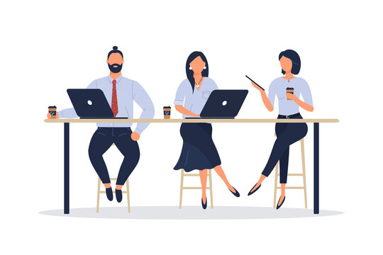 Women and man friends or colleagues sitting at desk in loft office or cafe,working at notebook and tablet,having coffee, talking.Effective and productive teamwork.Hand drawn style raster illustrations