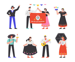Viva Mexico Festival. People wearing traditional Mexican costumes and enjoying the festival. flat design style minimal vector illustration.