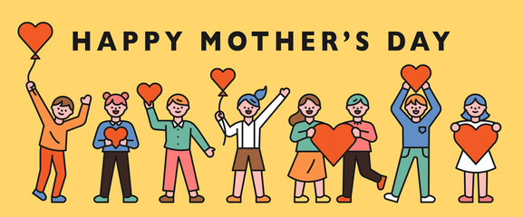 Happy Mother's Day banner. The children are standing with heart shapes. flat design style minimal vector illustration.
