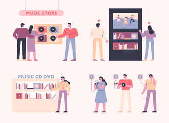 Customers who purchase records at record stores and those who listen to sample CDs. flat design style minimal vector illustration.