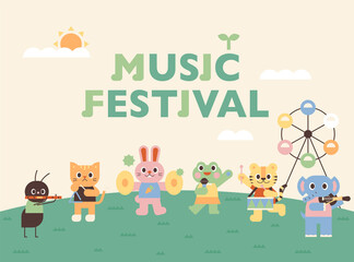 music festival poster. Cute animals are playing musical instruments in an amusement park. flat design style minimal vector illustration.