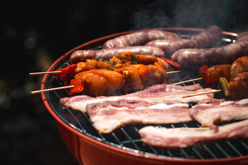 Grilled meat with skewers and meat in the barbeque