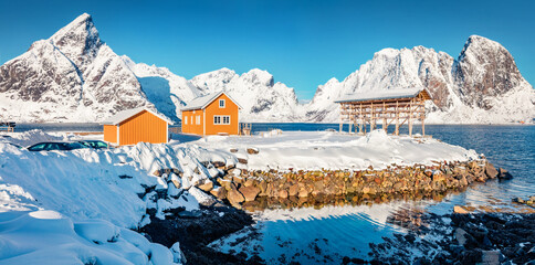Bright morning scene of Sakrisoy village, Norway, Europe. Panoramic winter view of Lofoten Islads...