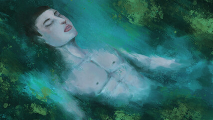 Fototapeta na wymiar scene of man sleep and floating in the canal ,digital art, Illustration painting