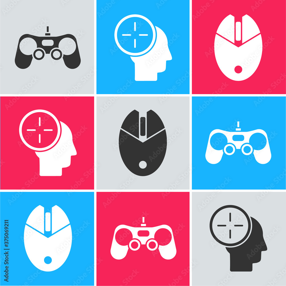 Poster set gamepad, head hunting concept and computer mouse gaming icon. vector.