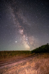 A rural path on milky way background landscape.